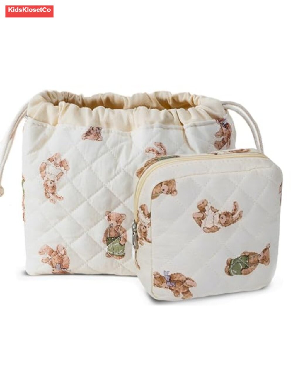 Quilted Canvas 2-Piece Travel Pouch Set with Teddy Bear Design
